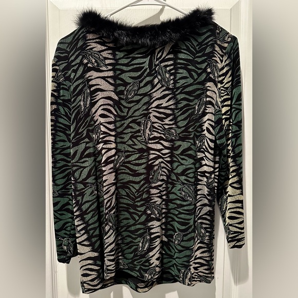 Vtg Christina Hope Sweater Animal Print + Leaves Metallic Accent Faux Fur Collar - Picture 3 of 4